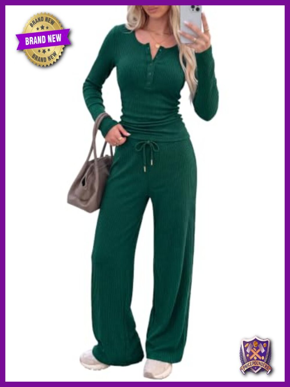 Ribbed Knit Two Piece Lounge Set Henley Top Wide Leg Drawstring Pants